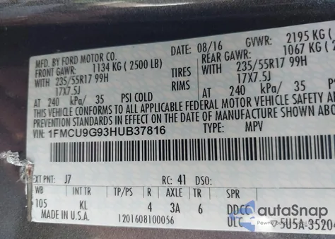 2017 Ford Escape Se z USA, uszkodzony, nr VIN 1FMCU9G93HUB37816